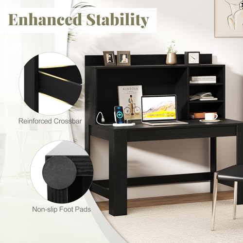 Giantex Computer Desk with Hutch, Modern Home Office Desk with Power Outlets, Storage Shelves & Cable Hole, Makeup Vanity Table, Study Writing Desk for Bedroom Office Small Space (Black) Giantex