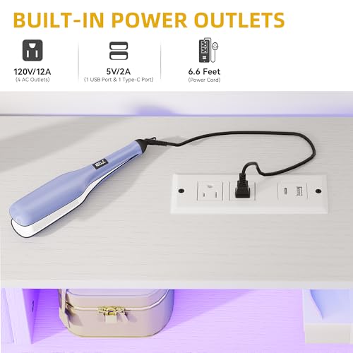 DWVO Small Vanity Table with Stool, RGB Light Strips, Makeup Desk with Storage Drawers, Charging Station, Side Hook & Fabric Pocket, Mirrorless DWVO