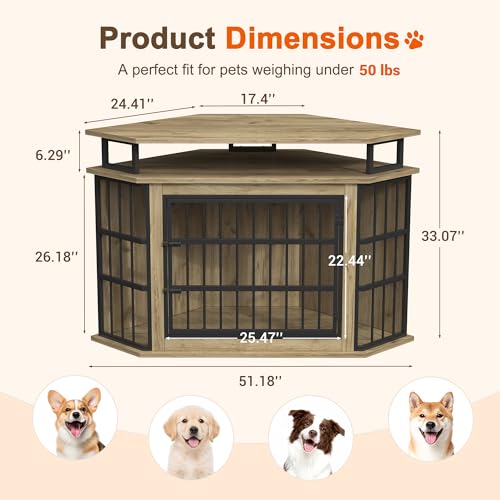 51" Corner Dog Crate Furniture, Wooden Dog Kennel Furniture with 2-Tier Shelves, Decorative Wood Dog House for Small/Medium/Large Dog, Space-Saving Dog Cage for TV Stand(Oak) VONZOY