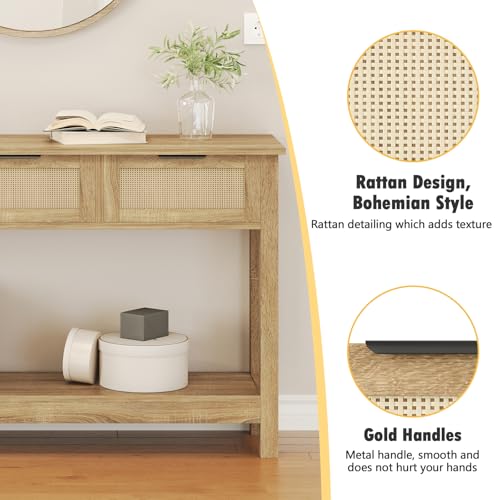 Luoxiao Rattan Console Table Boho Entryway Table with 3 Drawers Storage, Narrow Long Behind Couch Sofa Table for Living Room Side Table Entry Way Table Entrance Hallway Foyer, Natural, 47 Inch Luoxiao
