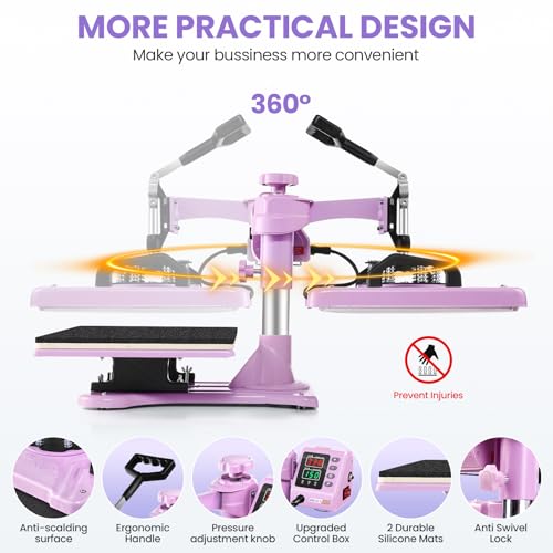 AKEYDIY 8 in 1 Heat Press Machine Professional Sublimation Machine 12" X 15"Swing Away Shirt Printing Heat Transfer Digital Industrial-Quality Heat Press Machine for T Shirts Mug Hat Plate Pink Purple AKEYDIY