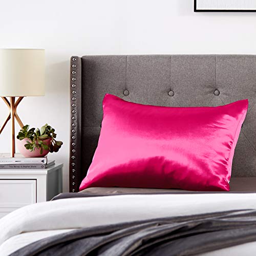 Morning Glamour Single Satin Pillowcase for Hair & Skin, Similar to Silk, Standard/Queen Size, Cooling Pillow Case with Envelope Closure, Gifts for Women, 20”x26” Fuschia/Barbie Pink Morning Glamour