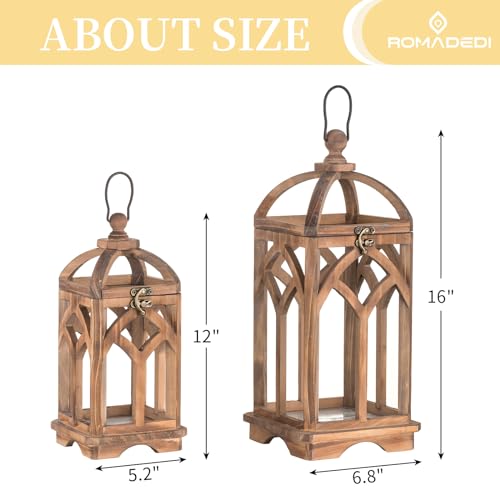 Romadedi Farmhouse Candle Lantern Wooden - 12" / 16" Set of 2 Decorative Rustic Wood Candle Holder Home Decor Decoration Wedding Table Centerpiece, Brown Romadedi