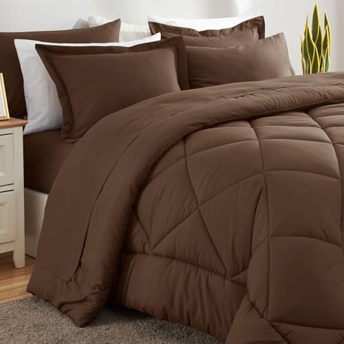 CozyLux Full Size Comforter Sets Brown - 7 Pieces Bed in a Bag Full, Luxury Soft Bed Set for All Seasons, Bedding Set with Down Alternative Comforter, Sheets, Pillowcases & Shams