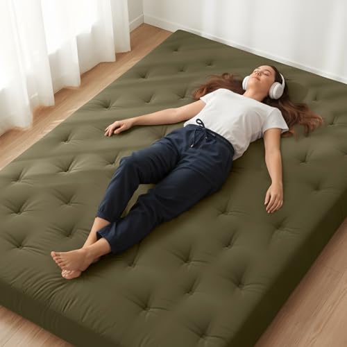 ZonLi Japanese Floor Futon Mattress Full Size 54"x75"100% Cotton Cover 6''Thicken Tatami Mattress,Foldable Sleeping Pad,Portable Dormitory Tatami Mat,Roll Up Floor Lounger Bed for Adult (Winter Moss) ZonLi