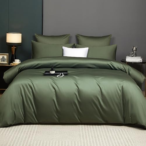 Olive Green Cotton Duvet Cover Set Queen 100% Long-Staple Cotton Sateen Bedding Set, Soft Breathable Smooth Organic Pure Cotton Plain Comforter Cover, Luxury Minimalist Bedroom Decor for All Season YASMENG