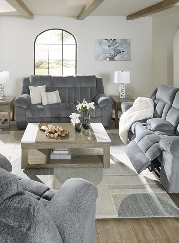 Signature Design by Ashley Tip-Off Modern Wall Hugger Power Reclining Loveseat with Adjustable Headrest, USB Ports, Storage and Cup Holders, Gray Signature Design by Ashley