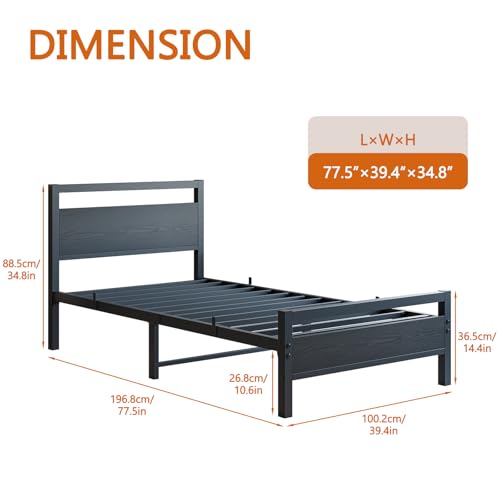 BOFENG Twin Bed Frame with Wood Headboard,Metal Single Platform Bed Frame Twin Size No Box Spring Needed,Heavy Duty Metal Slats Support,Noise Free,Single Bed Base,Easy Assembly,Black BOFENG