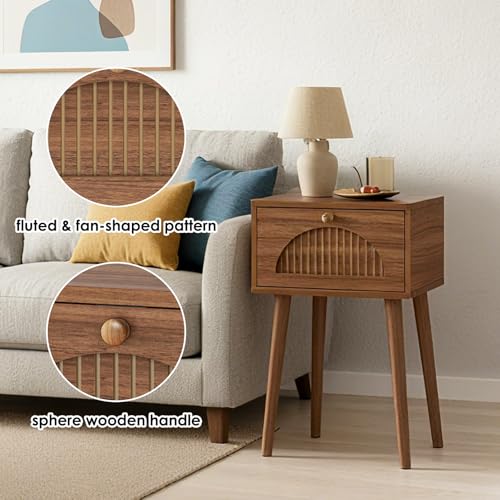 Fixwal Nightstands Set of 2 with Fluted Door, Small End Table with Solid Wood Feet for Bedroom Small Space, Modern Mid-Century Bedside Table, Natural Walnut, 13.8 x 10.6 x 21.3in Fixwal
