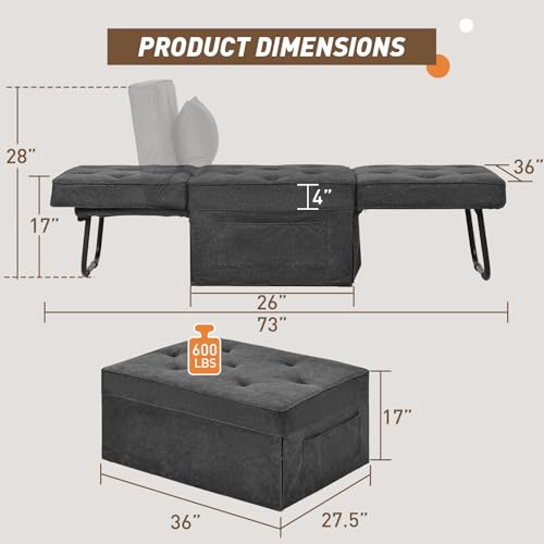 HYDRAGARDEN Convertible Sofa Bed, 4 in 1 Multi-Function Folding Ottoman Bed with Adjustable Backrest, Modern Pull Out Sleeper Chair for Living Room Apartment Office (Gray, 36" Width-Large) HYDRAGARDEN