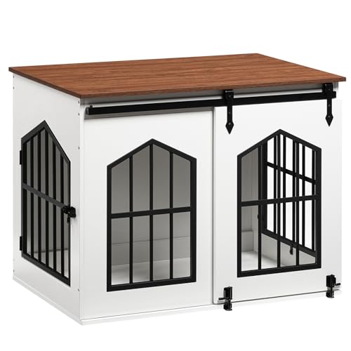 MAHANCRIS Dog Crate Furniture, 31.5" Farmhouse Dog Kennel with Sliding Barn Door, Wooden Dog Cage for Small Medium Dogs, Decorative Pet House Side End Table, Chew-Resistant, White and Walnut DCBA9601 MAHANCRIS