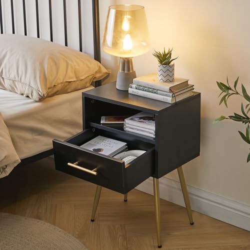 IBUYKE Nightstand, Mid Century Modern Night Stand, Bedside Table with Drawers and Open Storage Shelf, End Side Table with Metal Legs, for Bedroom, Small Spaces,Black UWNS004B IBUYKE