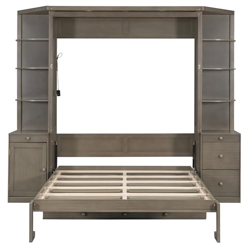 Merax Queen Murphy Bed with Desk and Storage, Hidden Wall Bed with Foldout Workstation, Shelves and Cabinets for Space-Saving Home Office, Gray Merax