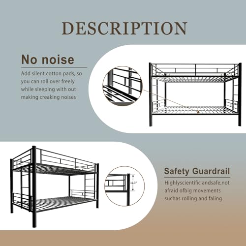 HomJoones Metal Bunk Bed Twin Over Twin Sturdy Heavy Duty Bunk Beds with 2 Side Ladders,Space Saving,No Box Spring Needed,for Boys Girls Teens Adults, Bedroom, Dormitory (Black) HomJoones