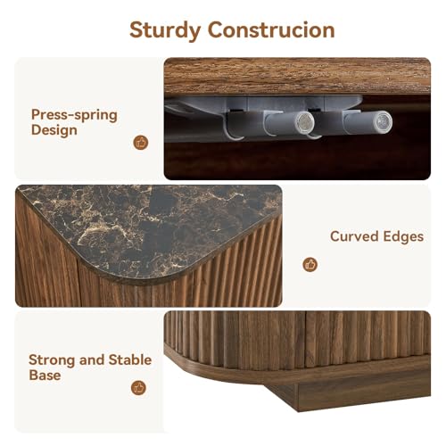SZTHHDF 64" Sideboard Buffet Cabinet with Storage, Modern Fluted Credenza with Adjustable Shelves, Wood Faux Marble-Top Coffee Bar Console Table for Living Room Kitchen Dining Room, 31.5" H, Walnut SZTHHDF