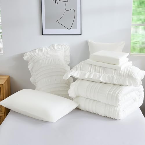 WONGS BEDDING White Comforter Set King,7 Pieces Ruffle Comforter Set with Sheets,Textured Bed in a Bag for King Bed 104"×90" WONGS BEDDING