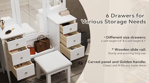 JIJIWANG 68.75H Antique Makeup Vanity Desk with Triple Mirror,6-Drawer Dressing Table Set Including Stool,Full Length Mirror for Bedroom Dressing Room,White JIJIWANG
