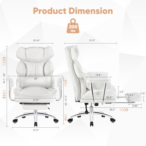 Sweetcrispy Executive Home Office Desk Chair - Ergonomic Big Tall High Back with Footrest & Lumbar Support, Reclining Height Adjustable, Comfy PU Leather Computer Gaming with Swivel Wheels, White Sweetcrispy