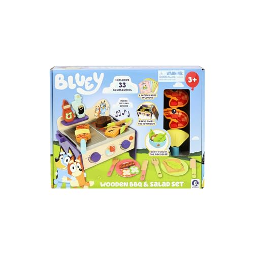 BLUEY – Wooden BBQ and Salad Set, 33-Piece Colorful Playset with Tongs and Food Pieces – Realistic Role-Play & Imaginative Fun for Ages 3 Years and Up, Medium BLUEY