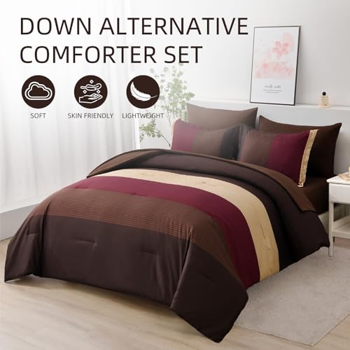 Anibedding Red and Brown Comforter Set King Size, Boho Burgundy Striped Bedding Comforter Set 7 Piece Bed in a Bag, Soft Microfiber Down Alternative Farmhouse Bedding Set for All Season(104"x90") Anibedding