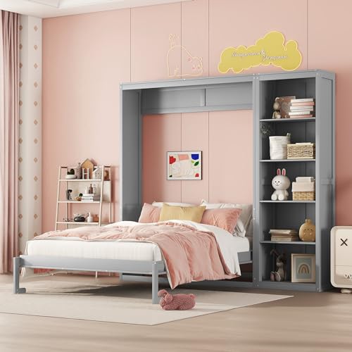 Harper & Bright Designs Gray Full Size Murphy Bed with Storage Shelves, Wood Cabinet Full Platform Beds with Flexible Slats Support, Foldable Wall Bed Frame for Home Office Studio Harper & Bright Designs