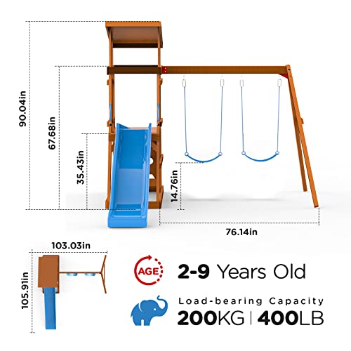 Dolphin Playground Wooden Swing Sets for Backyard with 6FT Slide, Outdoor Playset for Kids with Sand Pit, Climbing Wall, and 2 Belt Swings, Heavy Duty Playground Accessories, Ages 2-9 DOLPHIN PLAYGROUND T