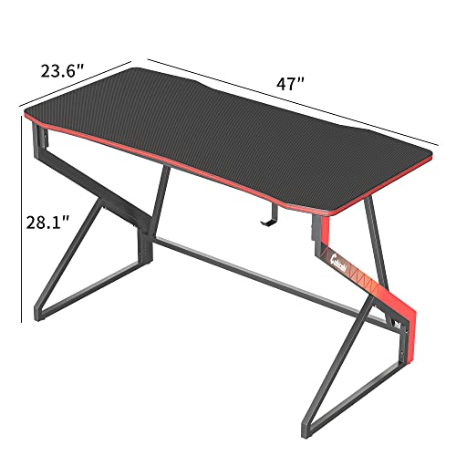 CubiCubi Simple Gaming Desk Z Shaped 47 inch Gamer Workstation, Home Computer Carbon Fiber Surface Gaming Desk PC Table with Headphone Hook CubiCubi