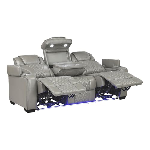 Lexicon Power Double Reclining Sofa, Center Drop-Down Table with Heat/Massage/Headrest/Storage Arms/Cup Holders/LED Lights/Wireless Charging, Top Grain Leather Match Wall Hugger Recliner Sofa, Grey Lexicon
