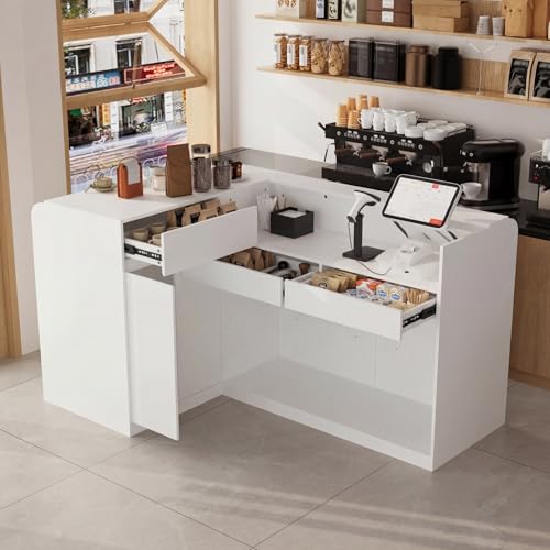 FAMAPY 70.9" L-Shape Reception Desk with Open Display Shelving, 2 Drawers & Cabinets, Modern Reception Counter for Shop White 70.9”W x 47.2”D x 39.4”H