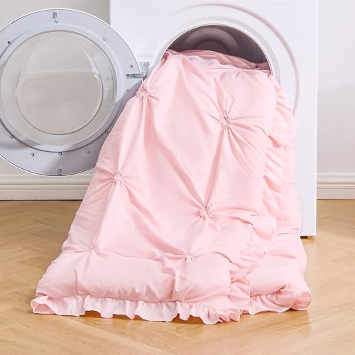Wowelife Twin Comforter Set for Girls, Boho Pintuck Bedding Comforter Sets, 4 Pieces Ruffles Jacquard Embroidery Twin Bedding Sets with Comforter, Fitted Sheet, Flat Sheet and Pillowcase, Pink Wowelife