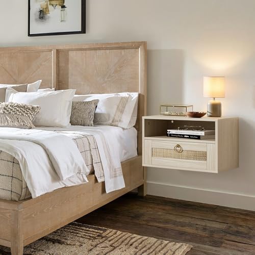 IGERI Floating Nightstand with Drawer for Wall Mounted Hanging Rattan Night Stand Bed Side Tables Wooden End Table Small Boho Dressers Farmhouse Shelves for Bedroom IGERI