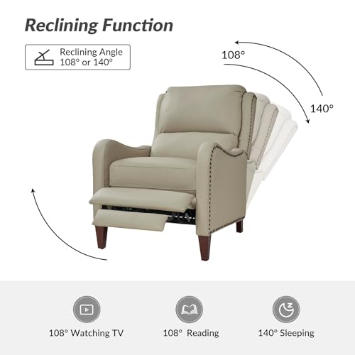 HULALA HOME Genuine Leather Recliner Chair, Modern Push Back Recliner Armchair with Thick Seat, Backrest & Footrest, Nailhead Decor for Living Room, Bedroom, Beige