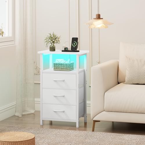 Vagusicc Night stand Set 2 with Charging Station, LED Nightstand for Bedroom, White Bedside Table with 3 Fabric Drawer, End Table Side Table with USB Ports & Outlets, Bed Side Table for Bedroom, White Vagusicc