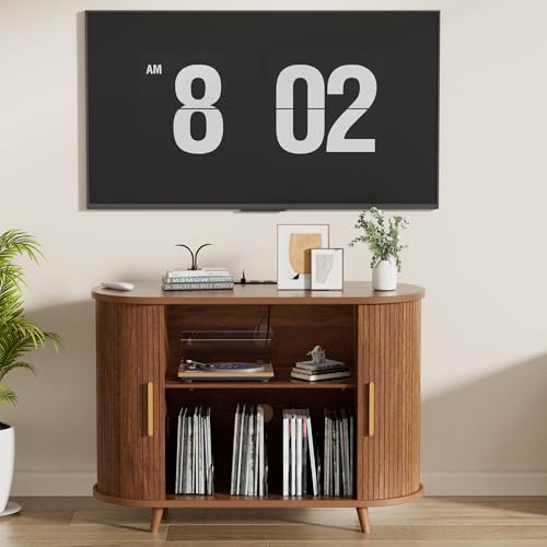 KSOBEBVT Record Player Stand with Vinyl Storage, Modern Media Cabinet with Charging Station & LED Lights, Sliding Door Turntable Stand, Audio-Visual Shelving Unit for Living Room (Walnut, 39") KSOBEBVT
