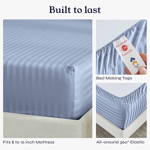 California Design Den - Queen Sheets Set Cotton Soft 100% Cotton Sheets Deep Pockets Snug Fit Elastic, 500 Thread Count Sateen, Damask Stripe Sheets for Bed - Light Blue - Striped California Design Den