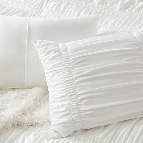 Intelligent Design Twin Comforter Set Ruched Shabby Chic Comforters for Twin Size Bed, All Season Lightweight Comforter Twin, French Country Bedding Set, Sham, Ella, Twin/Twin XL, White, 2 Piece Intelligent Design