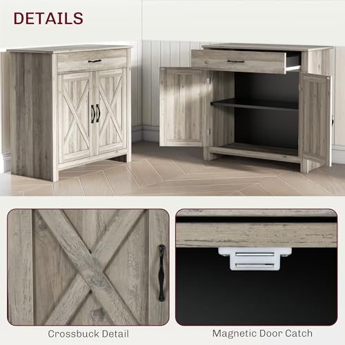 HOMCOM Farmhouse Sideboard Buffet Cabinet, Barn Door Style Kitchen Cabinet, 32" Accent Cabinet for Kitchen, Living Room or Entryway, Gray Wash HOMCOM