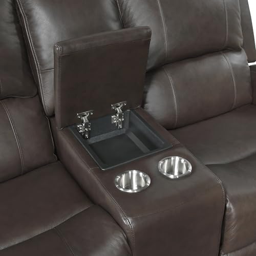 Lexicon Manual Double Reclining Loveseat with Center Console, Top Grain Leather Match Wall Hugger Recliner Loveseat, Storage, Cup Holders, High Density Foam Over Pocket Coils, for Living Room, Brown Lexicon