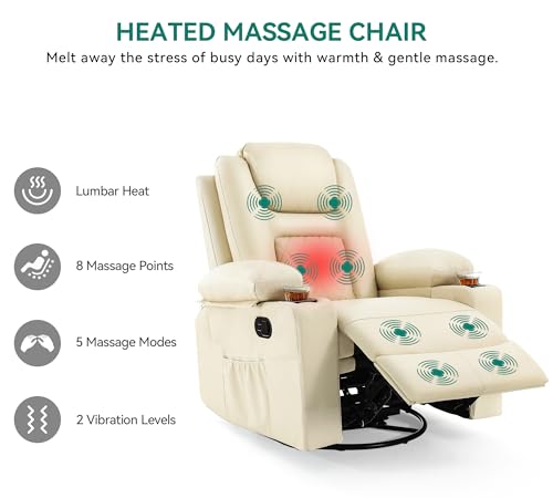 YITAHOME Recliner Chair,PU Rocking Chair for Adults,Swivel Recliner with Cup Holders,Heat and Massage,Single Sofa Seat with Side Pockets for Living Room/Bedroom,White YITAHOME