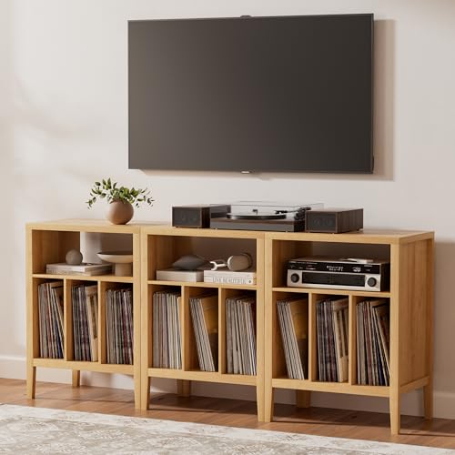 EYYTHUNG Record Player Stand with Vinyl Record Storage Holds up to 180 Albums, Large Turntable Stand Dispaly Shelf, Farmhouse Wood End Table for Bedroom, Living Room, Natural Oak EYYTHUNG