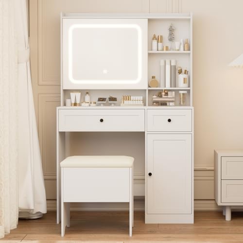 Hogxp Vanity Table with Hidden Storage & LED Mirror - Includes Padded Stool, 5 Compartments, 2 Drawers & 1 Storage Cabinet - Ideal Bedroom Makeup Dressing Table White Hogxp