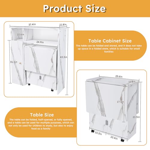 Montary Multifunctional Folding Dining Table with Wall-Mounted Sideboard & Storage for Small Apartments, Movable Kitchen End Table Extendable Dining Table Set for 2-6 People, White Montary