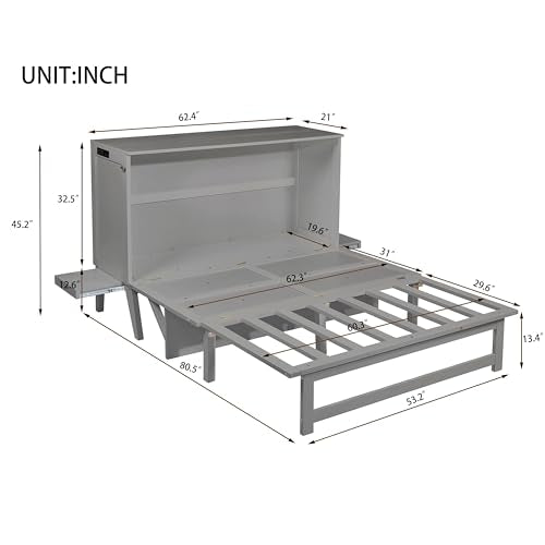 Ball & Cast Queen Size Murphy Bed W/Desk & 2 Removable Shelves,Cabinet Bed W/ 2 USB Port & Power Outlets,Wall Bed Frame for Home Office,Apartment,Guest Room,Grey