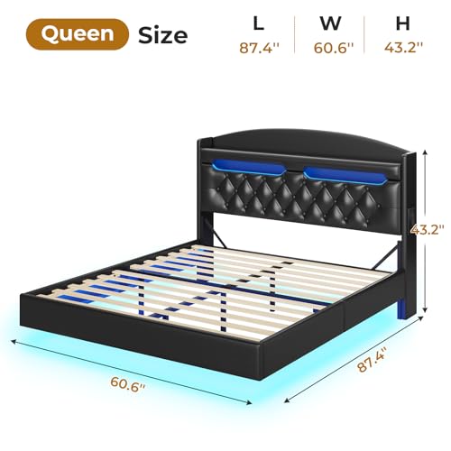 BTHFST Floating Bed Frame Queen Size with Charging Station, Headboard with Secret Storage Cubby, RGB Floating Bed, No Box Spring Needed, PU Black BTHFST