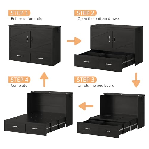 YANSNWO Full Size Murphy Bed with Storage, Farmhouse Murphy Bed Cabinet with Large Storage Drawer, Quiet Design, Foldable Platform Bed for Guest Bedroom, Home Office, Small Room, Distressed Black YANSNWO