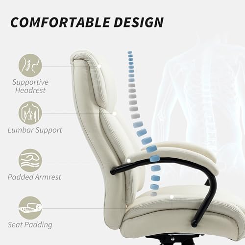 Vinsetto Big and Tall Executive Office Chair 485lbs with Wide Seat, High Back Computer Desk Chair with Tilt, Adjustable Height, Cream White Vinsetto
