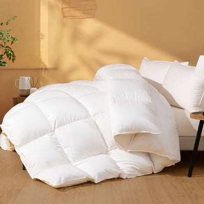 DOWNSTORIA Feather Down Fiber Comforter King Size, Ultra Soft Fabric Duvet Insert, Luxurious Hotel Collection White Bedding Comforters, All Season Medium Warmth 106 x 90 Inch.