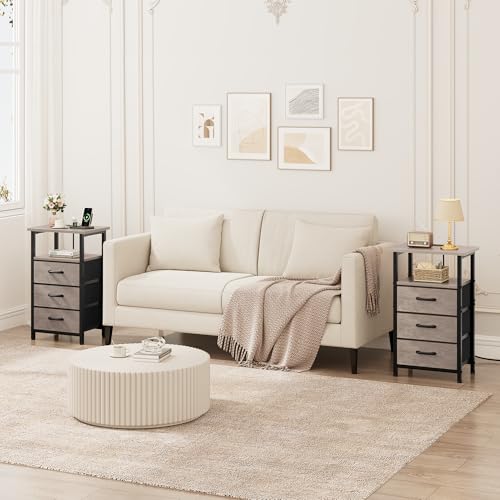 Vagusicc Nightstand Set of 2 with Charging Station, Bedside Table with USB Ports and Outlet, End Table Side Table with 3 Fabric Drawer and Storage Shelf, Bed Side Table Night Stand for Bedroom, Greige Vagusicc