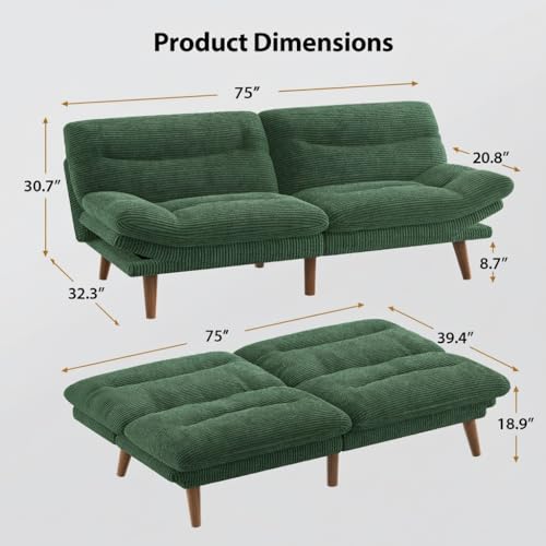 Pipishell Futon Sofa Bed, 75 Inch Corduroy Futon Couch Convertible with Adjustable Backrest and Armrests, Recliner Sleeper Sofa for Small Spaces, Living Room, Office, Guest Room (Green, 75 Inch) Pipishell