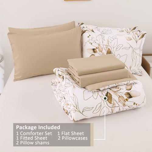 WONGS BEDDING Brown Comforter Set King Size, 7 Pieces Botanical Bed in a Bag Golden Leaves Bedding Set Soft Microfiber King (1 Comforter,2 Pillowcase,2 Pillow Shams,1 Flat Sheet,1 Fitted Sheet) WONGS BEDDING